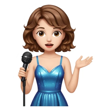 A short wavy female singer in sparkling dress holding a mic with emotional expression sticker