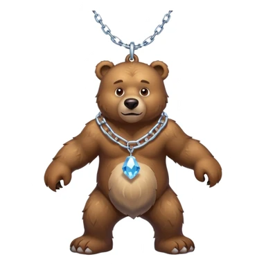 Fierce brown bear walking on four paws with an ice chain necklace, frozen chain links made of crystal clear ice, serious face sticker