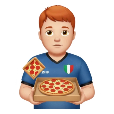 chubby light-freckled red-headed man with faded haircut and styled bangs, wearing black baggy jeans and 2024 Italian home court soccer jersey, holding a pizza box sticker