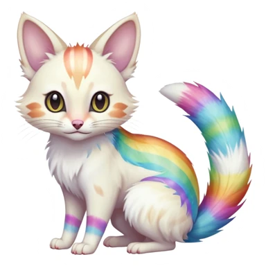  cute adorable white albino fur with random colorful iridescent rainbow markings beautiful elegant pretty precious cute  Fakémon-Pokémon-opossum-feline-serval-caracal-chinchilla-Minccino-hybrid-creature with a big fluffy bushy striped tail (full body) sticker