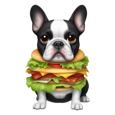 Black and white faced Frenchie wearing a burger costume sticker
