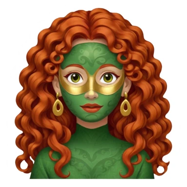 red haired very long curly haired woman with full face green clay mask  and big earrings  sticker