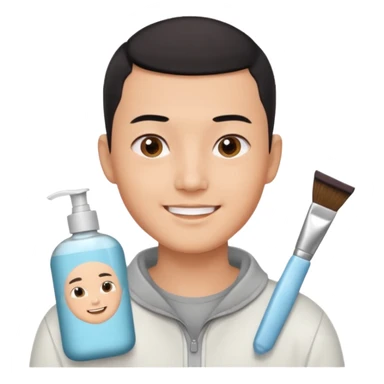 try different skincare products for chinese man with buzz cut (short black hair) doing skincare sticker