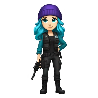 white girl, tactical vest, dark pants, teal hair, blue eyes, purple beanie hat, gun, black combat boots sticker