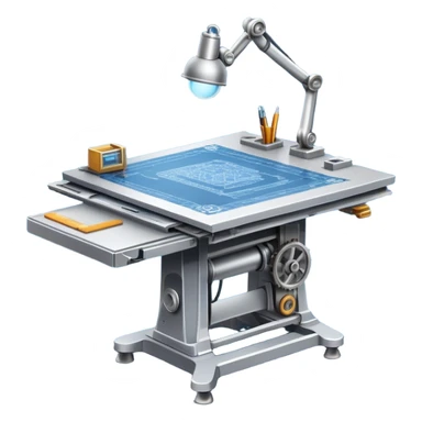 An icon featuring an engineering drafting table with a blueprint, a ready machine, and microchips, symbolizing engineering. The design includes gears, tools, and circuit boards, representing the design, creation, and innovation in technology. Transparent background highlights the science of building sticker