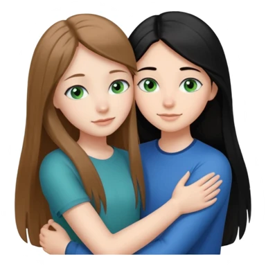 una ragazza dall‘ età di 19 anni con capelli castani chiaro lunghi e lisci ,  occhi celesti,  e una ragazza di 17 anni capelli neri occhi verdi che si abbracciano   sticker