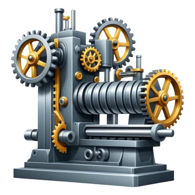 An icon featuring a giant machine tool in a factory workshop, symbolizing mechanical engineering. The design includes gears, levers, and mechanical components, representing the design and manufacturing of machinery. Transparent background highlights the precision sticker