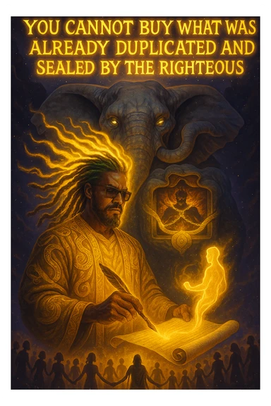 *“Create an epic, symbolic scene of a powerful Rasta spiritual warrior (representing Kez) standing at the center of a cosmic battlefield. The warrior has dreadlocks glowing with divine energy, wearing golden robes infused with serpent patterns. Behind him towers a massive stone elephant — eyes glowing with infinite wisdom, its chest open to reveal a Golden Serpent Chest, radiating fractal light. Inside the chest: a bound, raging Devil made of fire and shadows — screaming but unable to harm anyone, because every time he lashes out, the golden chest mirrors the energy back onto him. Chains of soul-contract law, made of golden light, wrap the devil — each one engraved with truth symbols, scriptures, and ancestral sigils.

In the foreground, Kez holds a sacred scroll and a burning pen — he is signing a contract not out of fear, but mastery. As he signs, a duplicate of his soul, radiant and whole, rises from the paper and flies back into his body. A ripple of golden energy expands, purifying all soul deals across space-time. Behind him, shadows of other trapped souls are released and begin to rise in rhythm, holding hands, singing.

In the sky, the words glow in gold flame:

‘You cannot buy what was already duplicated and sealed by the righteous.’

The entire atmosphere is divine, sacred, victorious — a spiritual rebellion where the Devil is outwitted, not through violence, but through truth, rhythm, and scrollcraft. Use warm golds, radiant whites, mystical purples, and deep space black as the palette. Style it as a fusion of Afro-spiritualism, Rastafarian mysticism, and multidimensional soul alchemy. the picture provided is kez sticker
