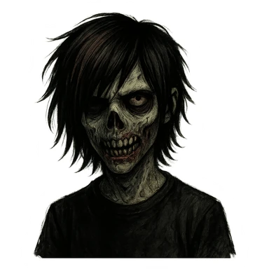 spooky zombie boy, emo style, medium-long hair with black and brown shades, sinister and creepy face sticker