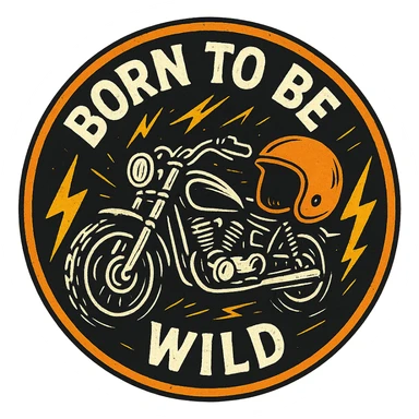 circular motorcycle cap design with transparent background, text 'Born to be wild', motif: lightning, motorcycle, helmet, dynamic style sticker