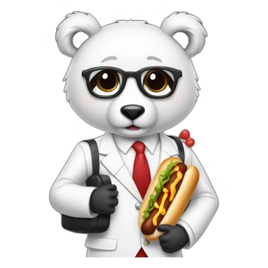 A professor with white suit and red tie and a panda face eating a hotdog and holding a black suitcase sticker