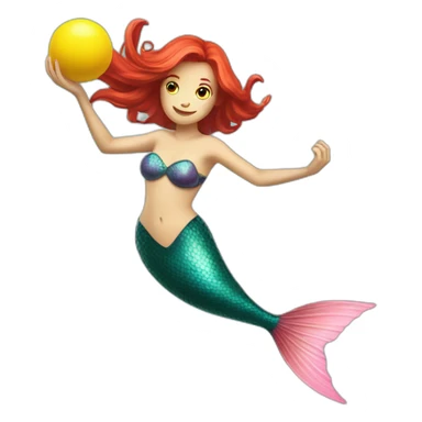 Underwater redhead mermaid swimming with fins, snorkel equipement, holding a small yellow ball, looking strong and fighting sticker