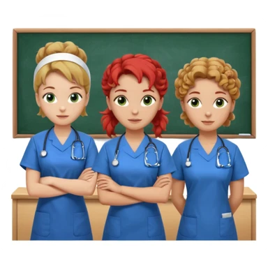 3 nurses: nurse 1 is wearing green work clothes, curly hair, middle european. nurse 2 is wearing blue work clothes, blond straight hair, scandinavic, nurse 3 is wearing white work clothes, red hair put into a bun, slavic. they all stand in a classroom, "Academy" written in white on board sticker