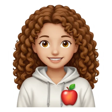 Una ragazza con una felpa semplice bianca,ha gli occhi marroni,i capelli marroni  , c’è gli ha lunghi e ricci  e ha le ciglia lo stile dell immagine deve essere  stile emoji apple sticker