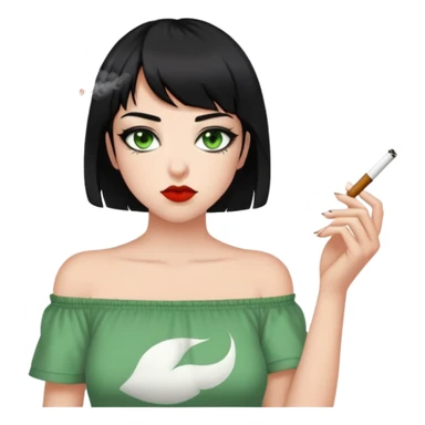 Someone smoking a joint with green eyes and red eye whites, with short black hair s little past the shoulders an has side bangs and a off shoulder nirvana shirt sticker