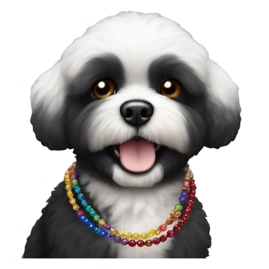 One Small furry Black bichon with one  colorful bead necklaces with brown harness sticker