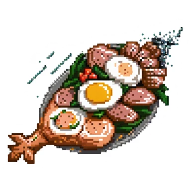 Pixel art protein explosion with chicken breast, steak, salmon, and egg shooting upward from bottom, with sparkle effects, DNA pixel animations around them, and simplified muscle figure outline in background sticker