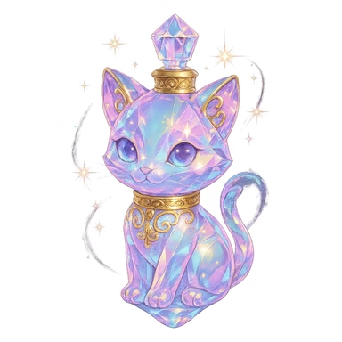 premium class crystal elixir bottle in the shape of a kitten, pastel gradient, lots of shine, edges, ornaments, golden details, magical effects, very small golden collar, transparent background, beautiful merging base, clearly floating in the air, no base or shadow, very luxurious, playful, fitting a collection sticker