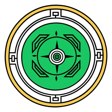 Maya sun symbol hieroglyph with precise geometric shapes, flat design, strictly white and deep green only, sharp angular lines, no curves sticker