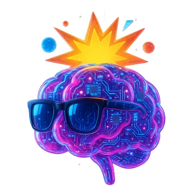 Update to a futuristic AI brain, add digital effects, circuit board patterns, and neon colors, sunglasses and energetic explosion stay. sticker