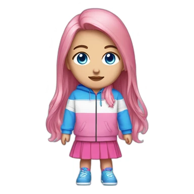 32x32 pixel art, 1 individual, full body visible, white background  pink, long hair bright blue eyes pink track jacket black japanese skirt sticker