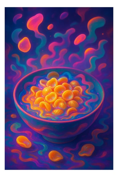 a surreal bowl of orecchiette pasta, dreamlike, floating shapes, unexpected colors, imaginative details sticker