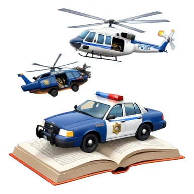 Icon for Action & Crime Reading: an open book with text, from which a police car is driving out along the pages, with explosions behind, a helicopter flying overhead, and a pistol with ammo and grenades in front. Transparent background. sticker