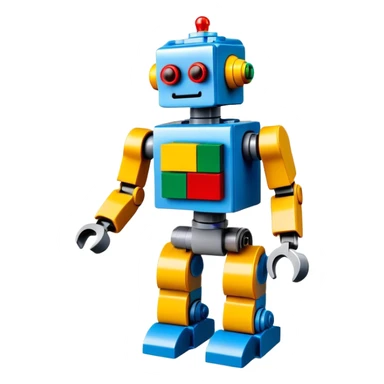A photorealistic icon featuring a detailed robot figure built from LEGO bricks, with intricate parts and colorful pieces. The design includes the LEGO logo subtly visible, with a focus on the craftsmanship and creativity of the build. Transparent background. sticker