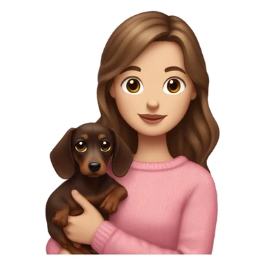 Brunette white girl with long wavy hair in a pink sweater holds a dark brown and cream dachshund long-haired puppy in her arms sticker