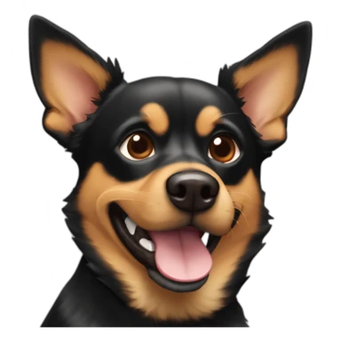 black and brown mutt dog with mostly german shephard head but larger chihuahua eyes with large overbite with left upper sharp canine tooth crooked sticking out of closed mouth sticker