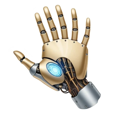 An icon inspired by Da Vinci’s 'The Creation of Adam', featuring a robotic hand reaching out to touch a human hand, symbolizing artificial intelligence. The design includes neural networks, glowing circuits, and a holographic brain. Transparent background sticker