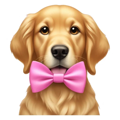 Golden retriever wearing a pink bow on his ear and a pink bow tie sticker