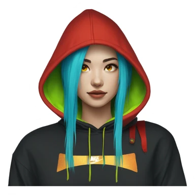 Lady with brunette and iridescent blue hair, gold, lime green dragon wings, black hoodie, bleach dyed, black and gold Nike t shirt, and bright red eyes sticker