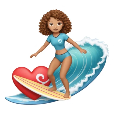 Woman with brown curly hair surfing wave in 3d heart sticker