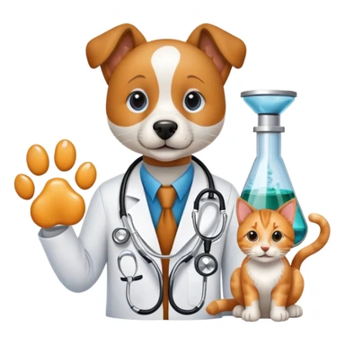 An icon featuring a stethoscope, a microscope, and an animal paw print, symbolizing veterinary science. The design includes a dog and a cat in the background, representing animal health research, diagnostics, and treatments. Transparent background highlights the scientific study of animal care. sticker