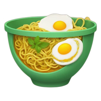 a green bowl of curry noodle with egg sticker