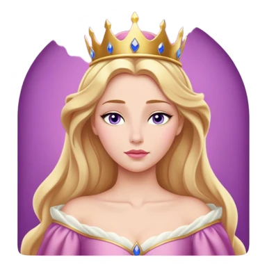 Cinematic Realistic Sleeping Beauty (Aurora) Portrait, with porcelain-like skin featuring a natural rosy flush, illuminated by soft lighting that highlights the gentle contours of her face. Her golden blonde hair flows in soft, detailed waves with subtle highlights that shimmer in the light. Her deep violet-blue eyes radiate warmth and innocence, framed by arched brows and long lashes. Her serene expression exudes quiet elegance. She is dressed in her classic pink gown, the fabric rich in texture with delicate folds that catch the light. A golden crown rests atop her head, gleaming with royal refinement. The portrait captures a soft, glowing aura, blending realism with an ethereal sense of beauty and timeless enchantment. sticker