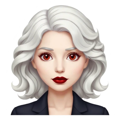 A detailed emoji of a stylish woman with wavy white hair, light gray eyes, and deep red lipstick. She has a confident and elegant expression, glossy and vibrant, resembling a modern digital emoji. sticker