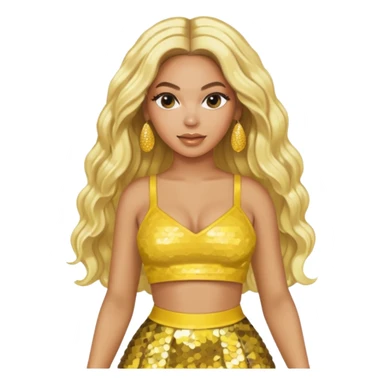 Beyonce with long platinum blonde hair, yellow sequin crop top yellow sequin skirt, gold earring sticker