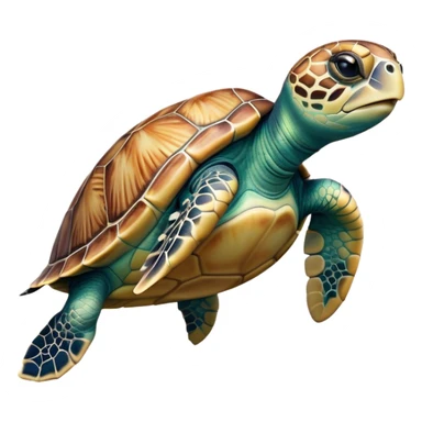 Cinematic Realistic Cute Sea Turtle Portrait Emoji, Head tilted playfully and inquisitively, featuring a compact, gentle form with a beautifully detailed shell adorned with natural patterns and a soft, expressive face with sparkling eyes, rendered with realistic textures and warm ambient light; high shine, affectionate and spirited, styled with a touch of marine whimsy, soft glowing outline, capturing the essence of a mischievous yet lovable sea turtle that seems ready to swim playfully into your arms! sticker
