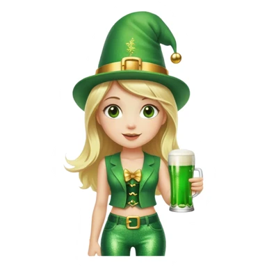 Blonde haired girl in glittery green bell bottoms and tall leprechaun hat holding a green beer sticker