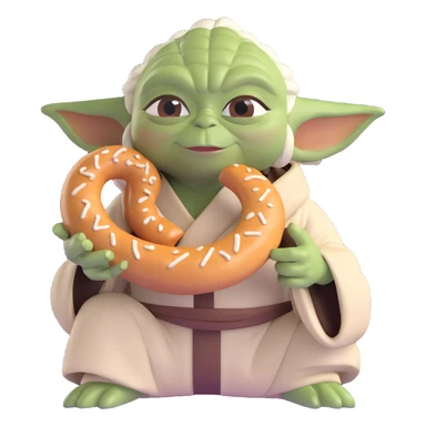 Yoda posing with a simit, happy and relaxed, simple background sticker