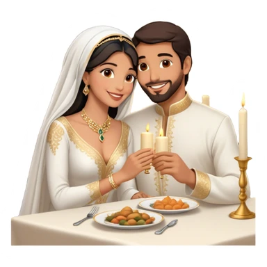 intimate moment a Arab couple at candlelit dinner. The woman, dressed in a sophisticated white gown with delicate jewelry, smiles as her partner, wearing a traditional black and gold bisht with a white ghutra, leans in to whisper or kiss her cheek. Their hands are gently intertwined on the table,M sticker