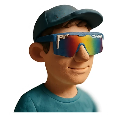 claymation style guy with brown hair, baseball cap, wearing polarized Pit Viper glasses sticker