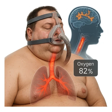 hyper-realistic medical CGI of overweight man with CPAP mask, airway still partially compressed, trachea walls with red heat map, oxygen at 82%, brain scan overlay with disrupted sleep, 4K, clinical sticker