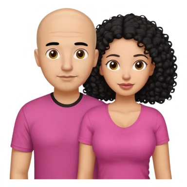A picture if a couple. the man is a Mexican man with  black hair, a bald hair cut and with a black t-shirt on. the woman is mixed with black and white, with brown curly long hair and a pink shirt on and big boobs sticker