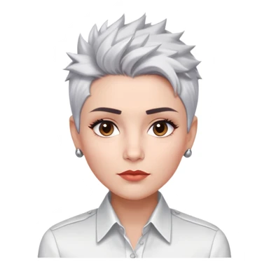 Marian Pabón with elegant facial features, light rosy complexion, expressive eyes, medium well-defined lips, sophisticated pronounced cheekbones, short spiky silver hair styled like a men's cut, dressed in a crisp white button-up shirt sticker