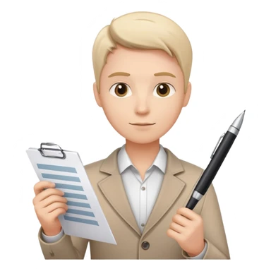 a person holding a checklist and pen, wearing smart casual clothing. The character is in a focused pose sticker