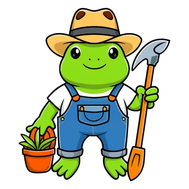 cartoon frog with cowboy hat, denim overalls, and gardening tools sticker