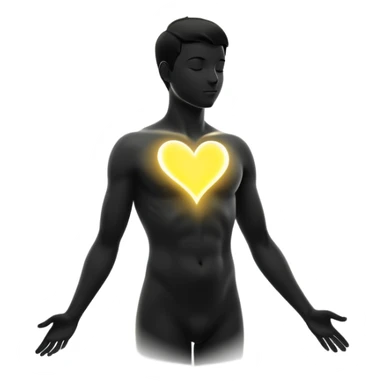 minimalist b&w male silhouette with flowing black-and-white curves across the lower body, now overlaid with a small, softly glowing spark or radiant light near the chest or head — heart symbolizing inspiration, inner fire, and creative energy awakening” yellow glow sticker